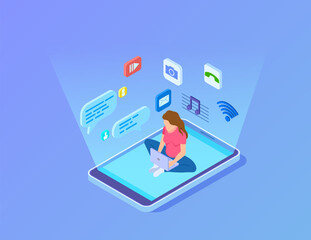 Modern entertainment. Innovative digital center, girl use smartphone and laptop. Isometric multimedia or social network connect vector illustration. Gadget app media, information messenger