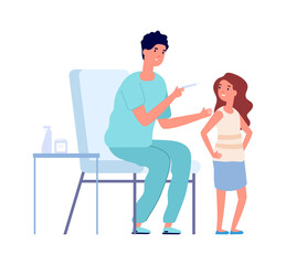 Pediatrician check up. Coronavirus vaccination child, flu or viruses prevention. Girl and medical nurse vector illustration. Medical pediatrician injection, hospital doctor
