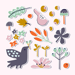 Autumn collection of cartoon stickers with natural elements. Bird, berries, flowers, leaves, branches, mushrooms isolated on light pink backdrop. Vector hand drawn nature set.