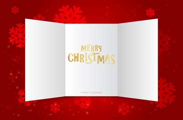 Christmas calendar doors. Advent window, xmas festive present. Blank paper open card or invitation. Winter New Year background snowflakes. December vector illustration. Decoration calendar christmas