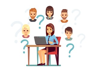 Client support. Call center operator, customers and manager. Woman answered on phone, help center for people vector illustration. Support and help customer, operator communication center