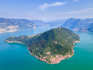 Iseo lake aerial view, Montisola in Lombardy district, Brescia province, Italy