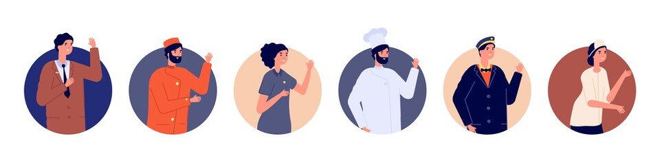 Hotel staff avatars. Hostel team, manager chef maid porter and receptionist. Greetings man and woman characters. Hospitality workers vector illustration. Avatar staff woman and man, business uniform