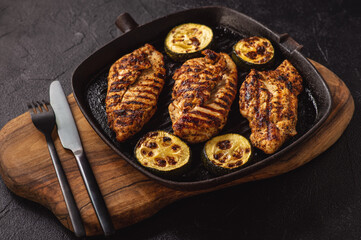 Grilled chicken breasts and zucchini.