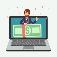 Online money prize. Lottery reward, internet award or cashing gaming success. Remote business shopping bonus. Cartoon man cash on laptop screen vector illustration. Lottery reward, prize and jackpot