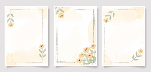 yellow wild flower frame on yellow watercolor splash background wedding invitation or birthday greeting card template collection