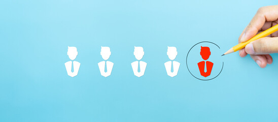 Select leader or employees, Headhunting, Recruitment business and Human Resource Management, blue background
