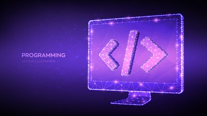 Programming concept. Abstract low polygonal computer monitor with programming code symbol. Coding or Hacker background. Development and software concept. Vector Illustration.