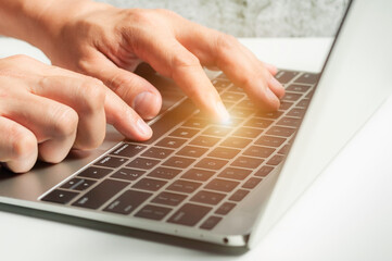 People hand clicking on laptop, business chatting via laptop.