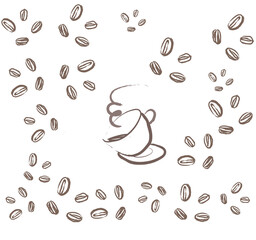 Seamless pattern. Cup of coffee in cloud of coffee beans