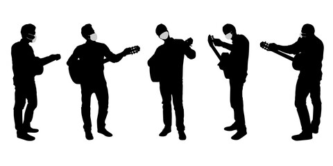 Vector concept conceptual  silhouette men playing the guitare while social distancing as means of prevention and protection against coronavirus contamination. A metaphor for the new normal.