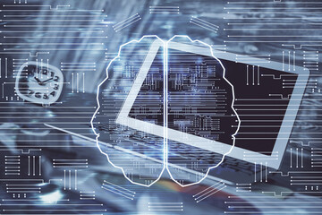 Multi exposure of work space with computer and human brain hologram. Brainstorm concept.