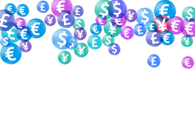 Euro dollar pound yen circle icons scatter money vector background. Jackpot pattern. Currency 