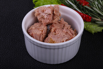 Tasty canned tuna fish in the bowl