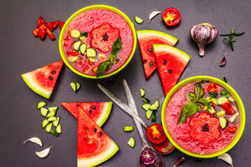 Watermelon gazpacho, traditional Spanish summer cold soup