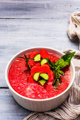 Watermelon gazpacho, traditional Spanish summer cold soup