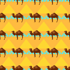 Seamless pattern with camels and yellow pyramids, vector illustration