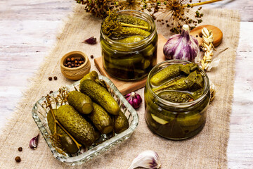 Marinated pickled cucumbers with spices and herbs