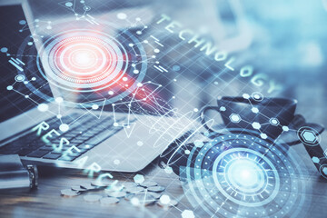 Double exposure of computer and technology theme hologram. Concept of freelance work.