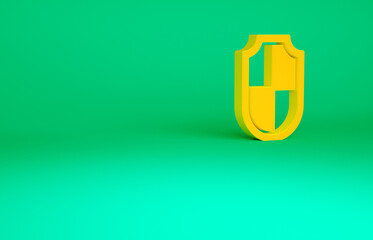 Orange Shield icon isolated on green background. Guard sign. Security, safety, protection, privacy concept. Minimalism concept. 3d illustration 3D render.