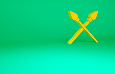 Orange Crossed medieval spears icon isolated on green background. Medieval weapon. Minimalism concept. 3d illustration 3D render.