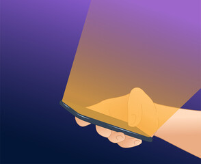 Phone in hands with screen light illumination on dark purple background in cartoon style