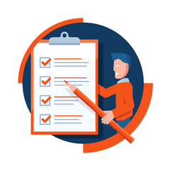 Checklist icon - absctact man holding big completed check list (test, questionnaire, planning) and big pencil - isolated vector creative illustration