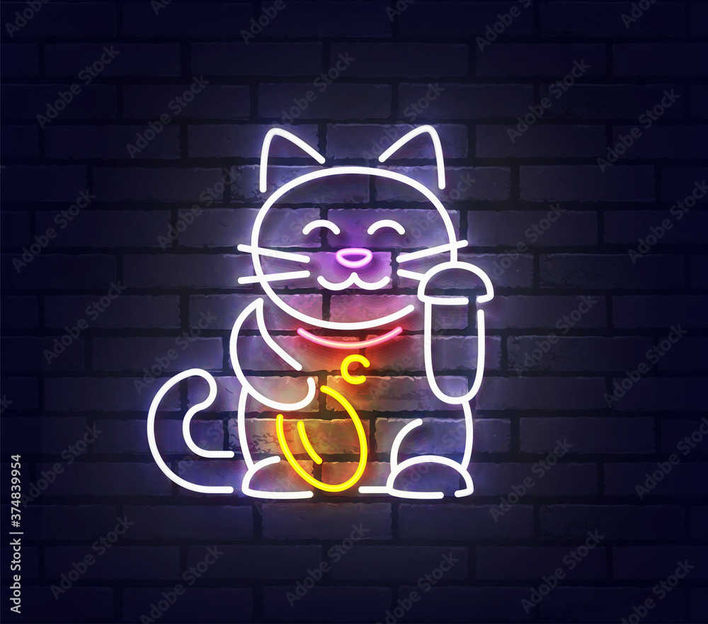 Poster Lucky Cat neon sign, bright signboard, light banner. Japanese Lucky Cat logo neon, emblem. Vector illustration