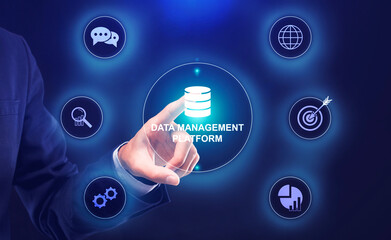 Business Data Management System. Collage Of Businessman Clicking Virtual Screen With Infographic