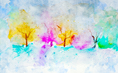 Semi abstract watercolor painting of autumn landscape, trees with colorful leaves in fall season