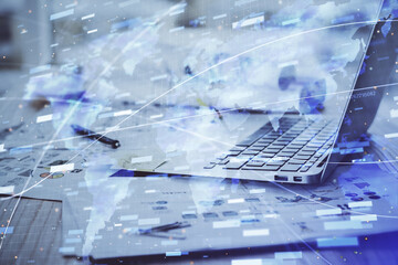 Fototapeta premium Double exposure of computer and technology theme hud. Concept of innovation.