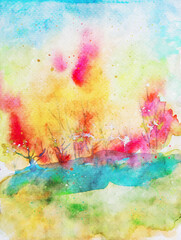 Semi abstract watercolor painting of autumn landscape, trees with colorful leaves in fall season