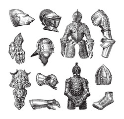 Medieval knight armor collection - vintage engraved vector illustration from Larousse du xxe siècle