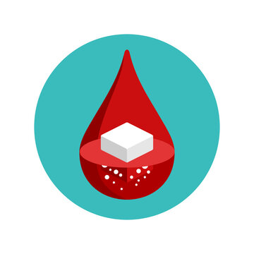 Diabetes icon - sugar cube dissolving inside blood drop - high glucose level sign - isolated vector medical antidiabetic symbol