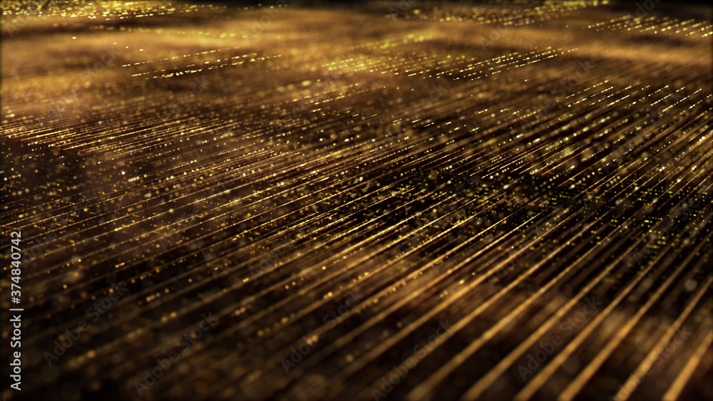 Poster Futuristic digitally generated golden abstract de-focus particles grid motion in cyber space environment background