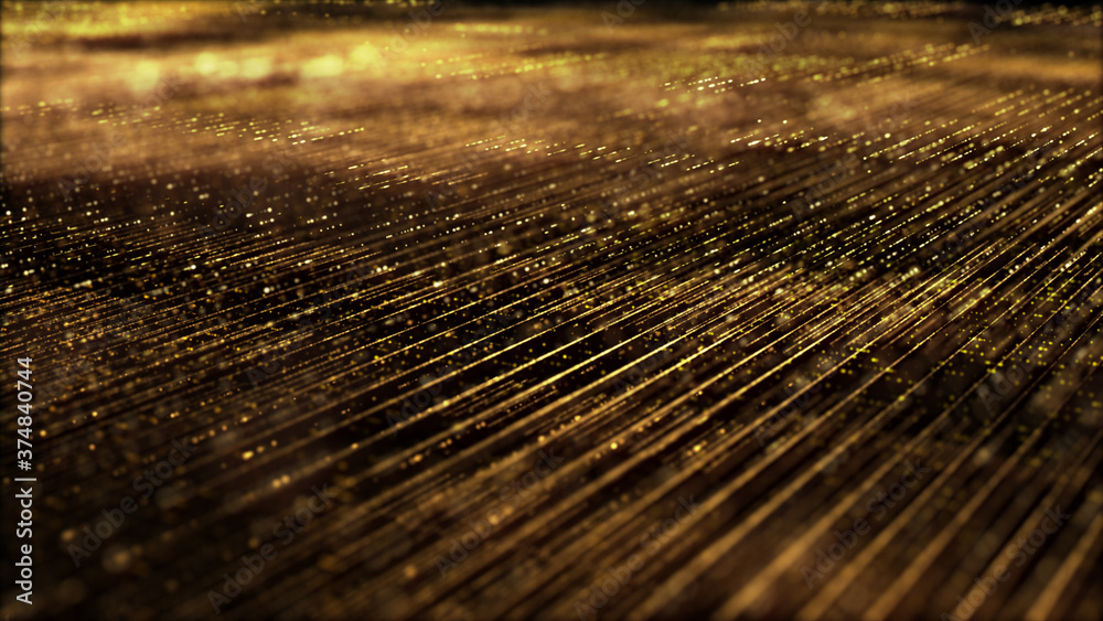 Poster Futuristic digitally generated golden abstract de-focus particles grid motion in cyber space environment background