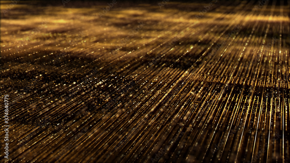 Poster Futuristic digitally generated golden abstract de-focus particles grid motion in cyber space environment background