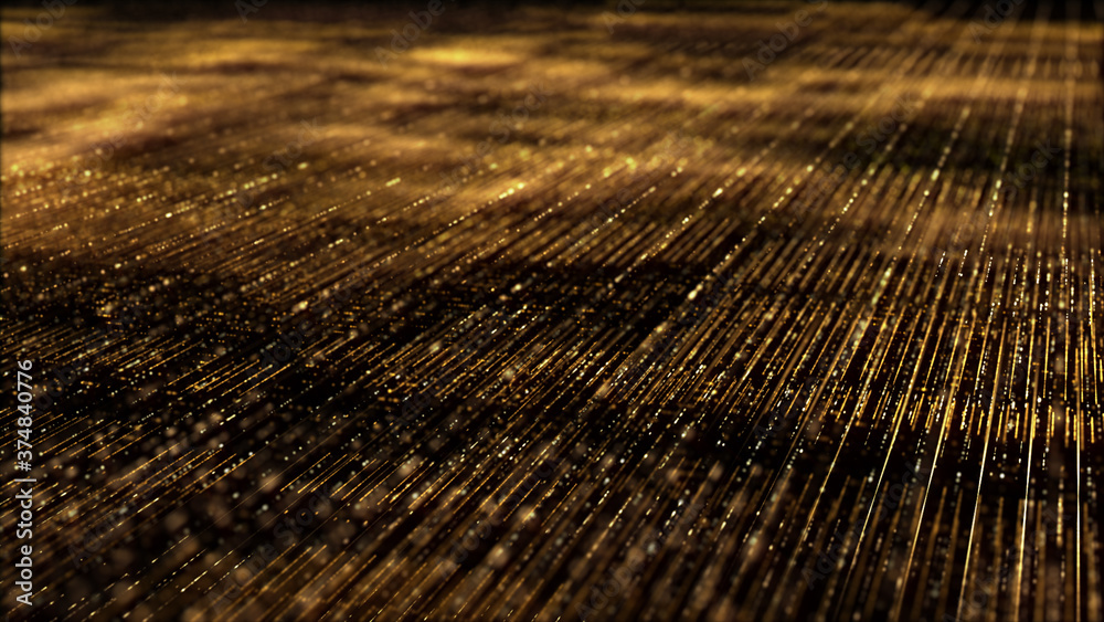 Poster Futuristic digitally generated golden abstract de-focus particles grid motion in cyber space environment background