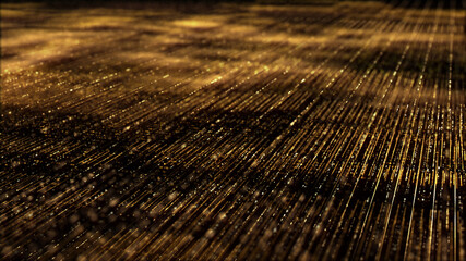 Futuristic digitally generated golden abstract de-focus particles grid motion in cyber space environment background