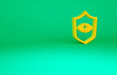 Fototapeta na wymiar Orange Shield and eye icon isolated on green background. Security, safety, protection, privacy concept. Minimalism concept. 3d illustration 3D render.