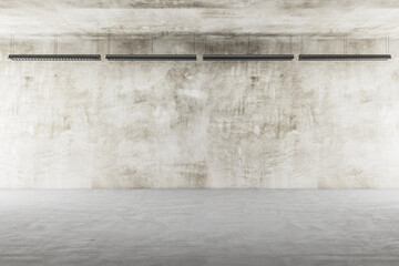 Gallery interior with ceiling lamp and empty concrete wall.