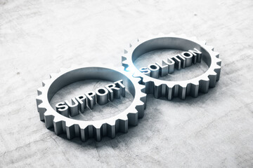 Two metal gears with text support and solution