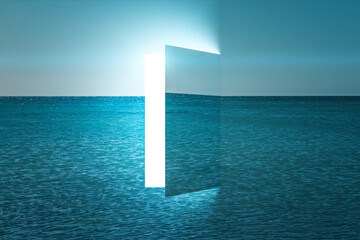 Abstract open door on creative sea background.
