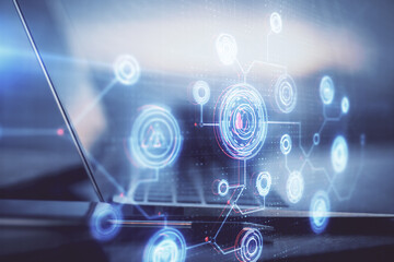 Multi exposure of computer on background and technology theme drawing. Concept of innovation.