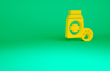 Orange Bag of food for dog icon isolated on green background. Dog or cat paw print. Food for animals. Pet food package. Minimalism concept. 3d illustration 3D render.