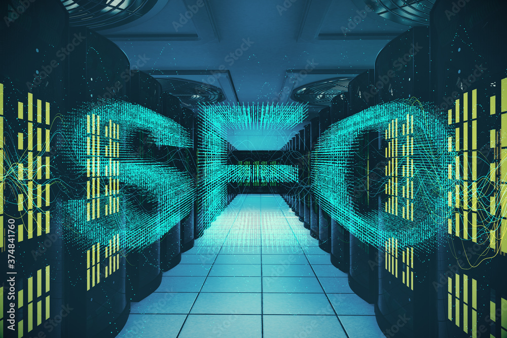 Poster server room in data center with glowing seo hologram sign.