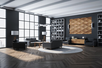 Contemporary living room with city view and shelf with books.