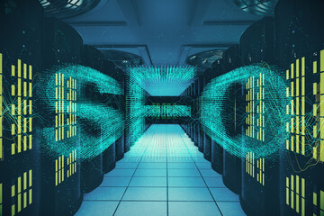 Server room in data center with glowing seo hologram sign.