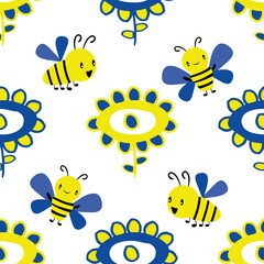 Vector childlike drawing of flowers and kawaii style bees seamless pattern background. Simple yellow, cobalt blue scribbled florals and flying fun bugs on white backdrop. All over print for packaging
