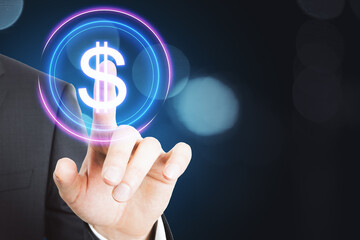 Businessman presses a dollar button in a virtual interface.
